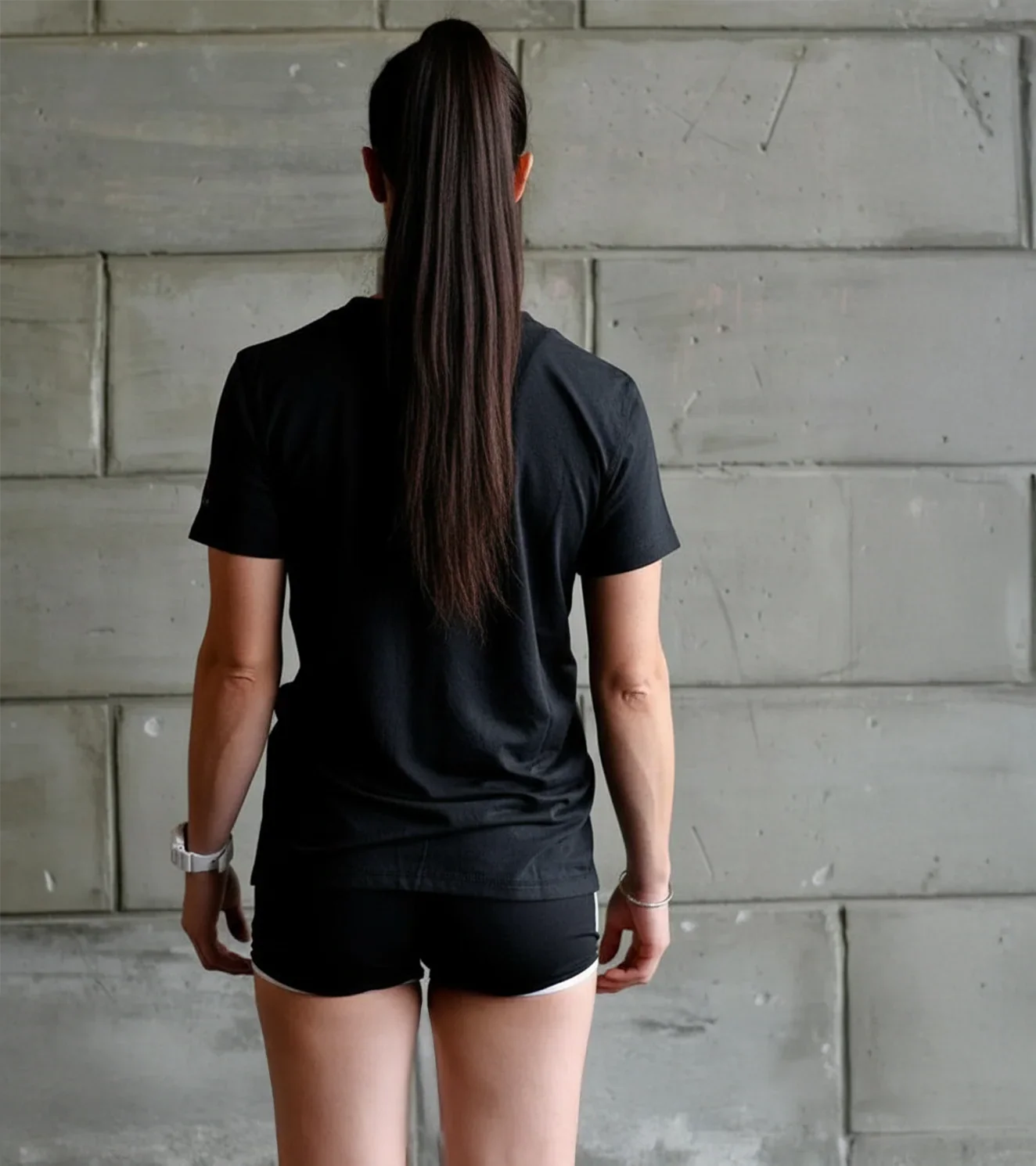 Female athlete in black workout shirt and shorts standing against a concrete wall