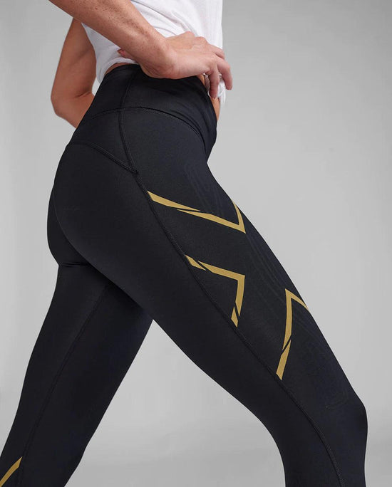 Women's 2xu light speed mid rise compression women's cycling tights (black/gold reflective) - wodarmour