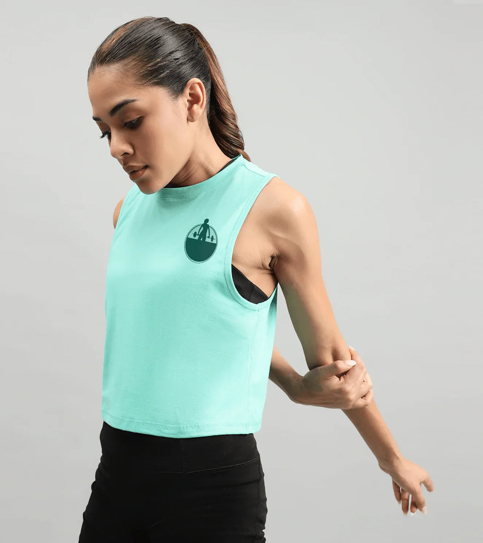 Women's 'Lifting Graphic' Crop Muscle Tank Top (Sea Green)