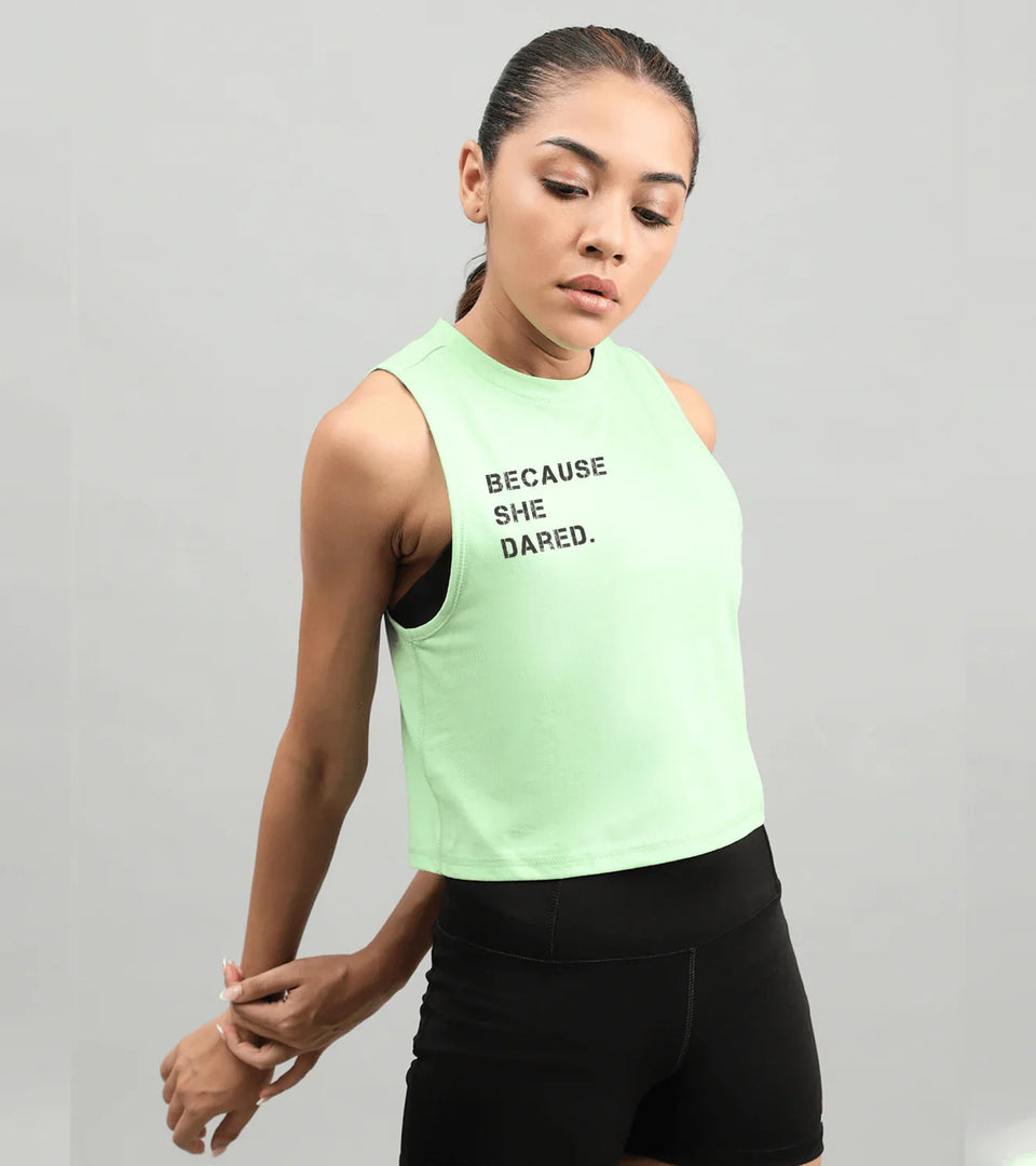 Women's 'Because She Dared' Crop Muscle Tank Top (Light Green)