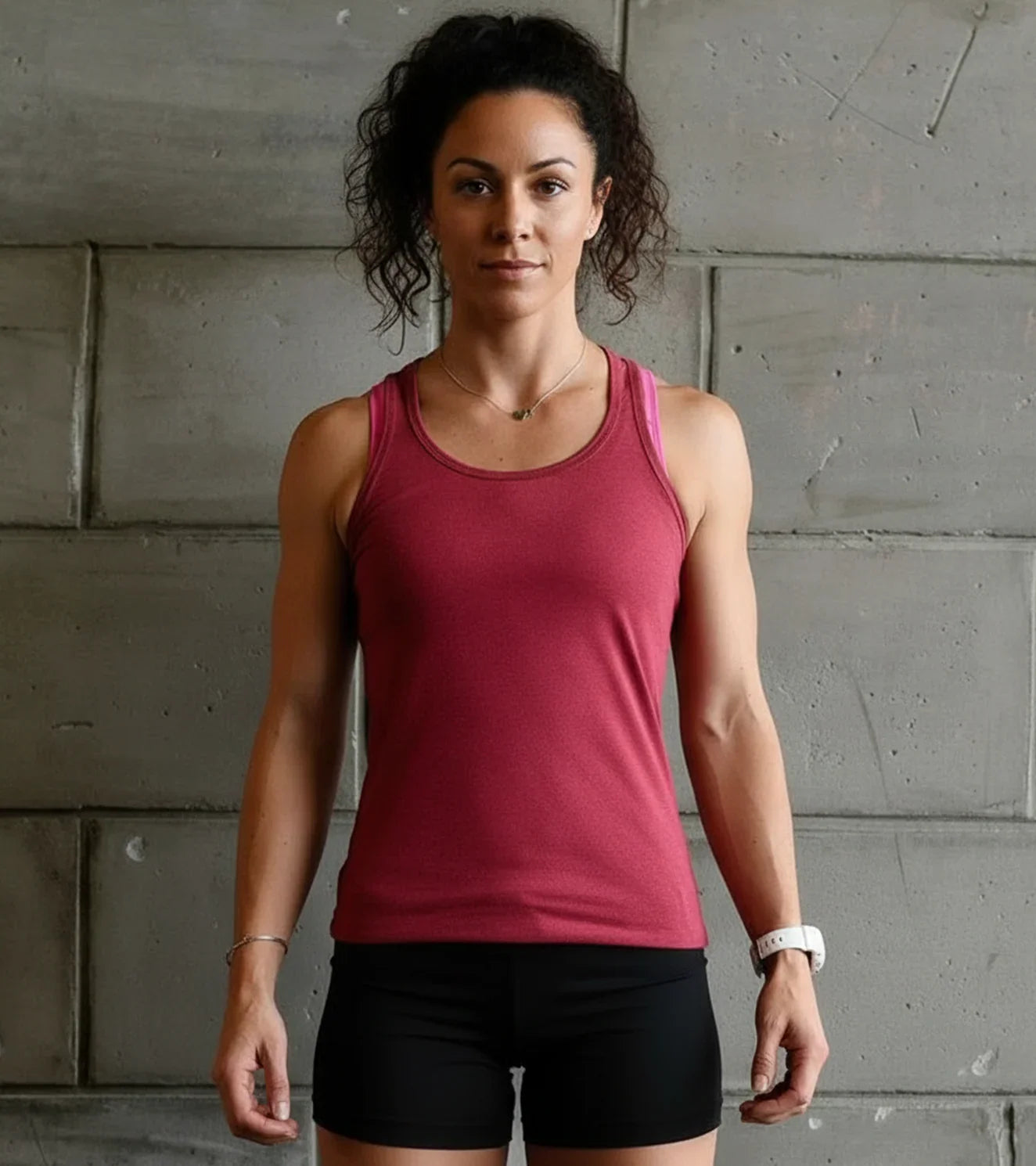 Athletic woman in maroon tank top and black shorts standing against gym wall