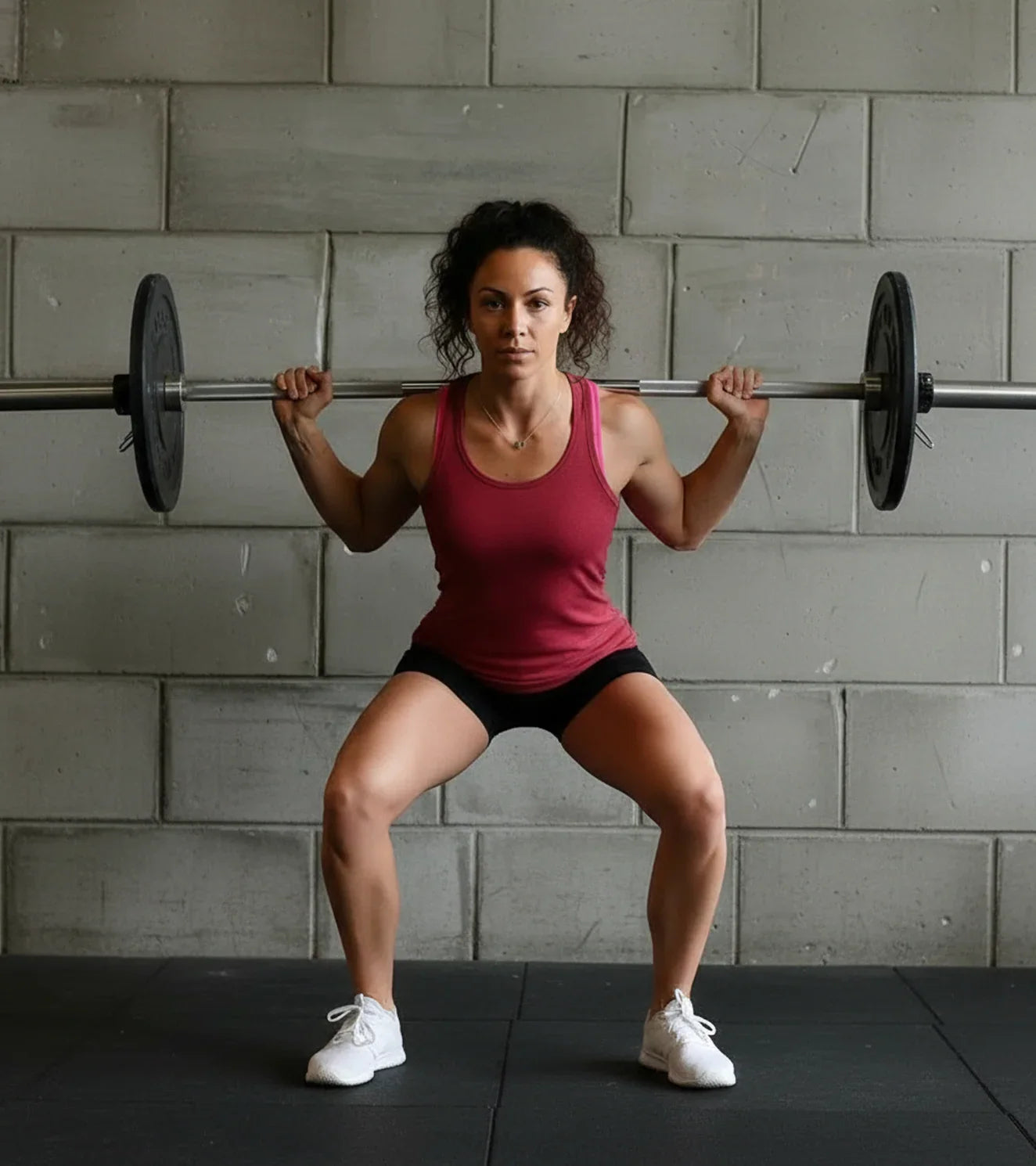 Woman performing barbell squat in gym, functional fitness, athletic training