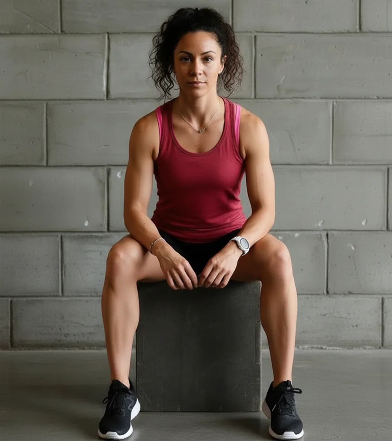 Athletic woman in gym wear sitting on a box against a concrete wall, ready for workout