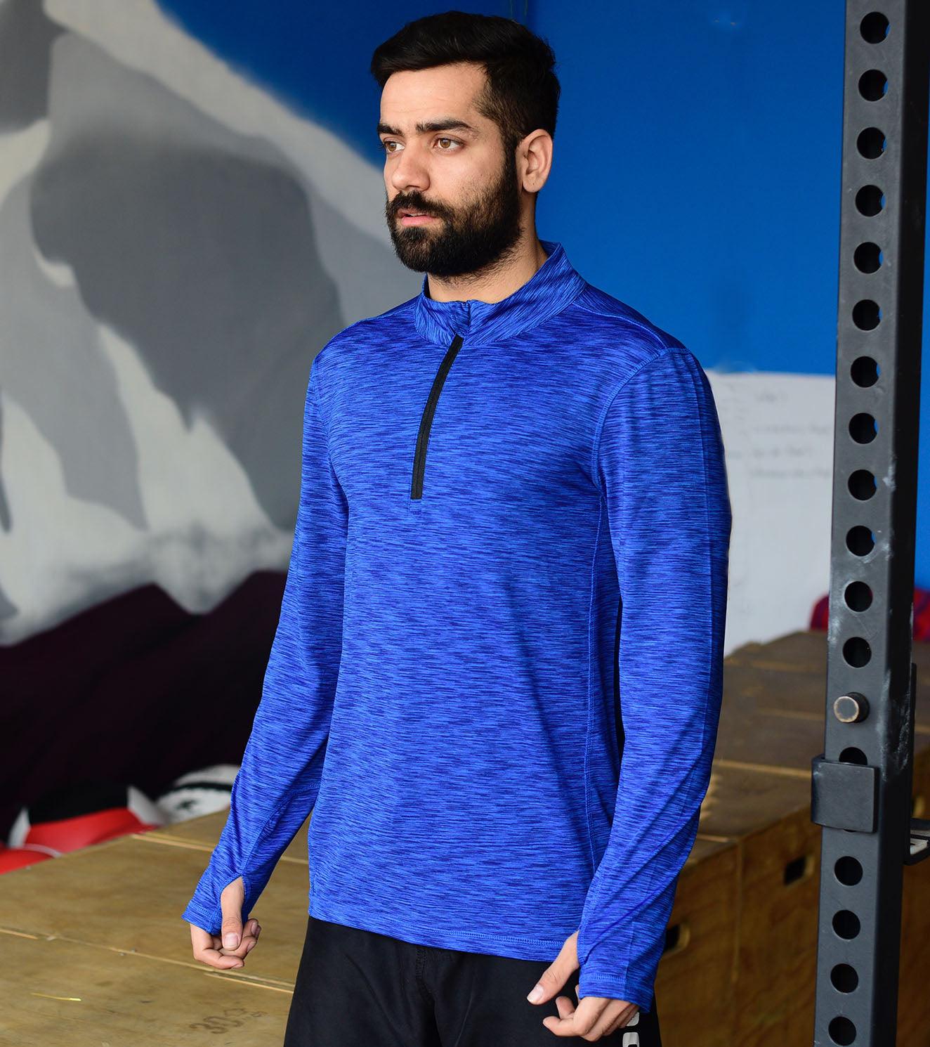 Men's Dry Fit Half Zip Long Sleeve Running T-Shirt (Blue) - wodarmour