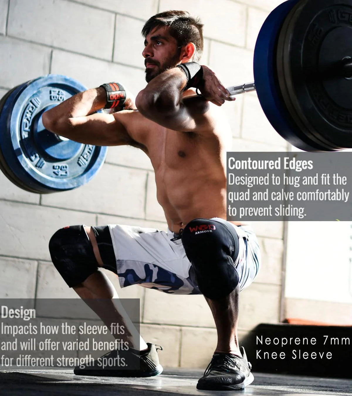 Man performing a barbell squat wearing 7mm neoprene knee sleeves for joint support.