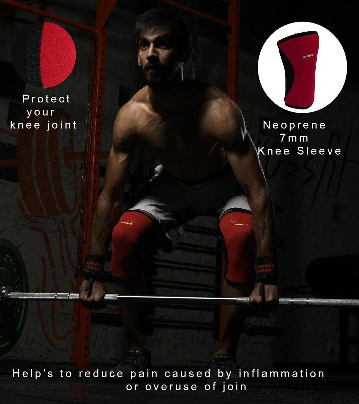 Man performing a barbell lift wearing red 7mm neoprene knee sleeves for joint support.